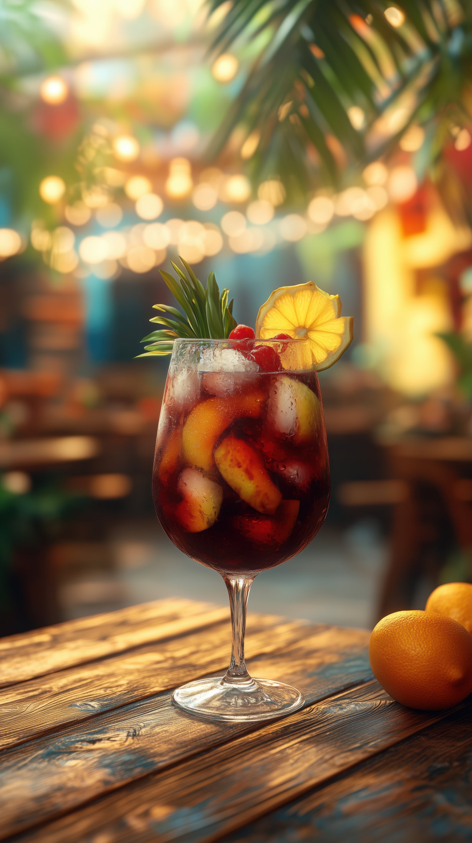 Refreshing tropical cocktail served with fresh fruit at a lively outdoor setting during the summer evening